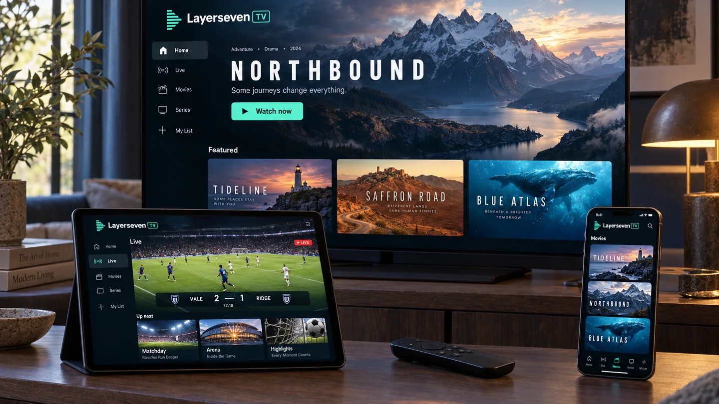 Layerseven TV displayed on a television, tablet, and phone.