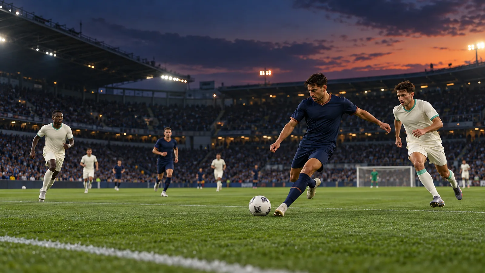 An evening football match under stadium floodlights.