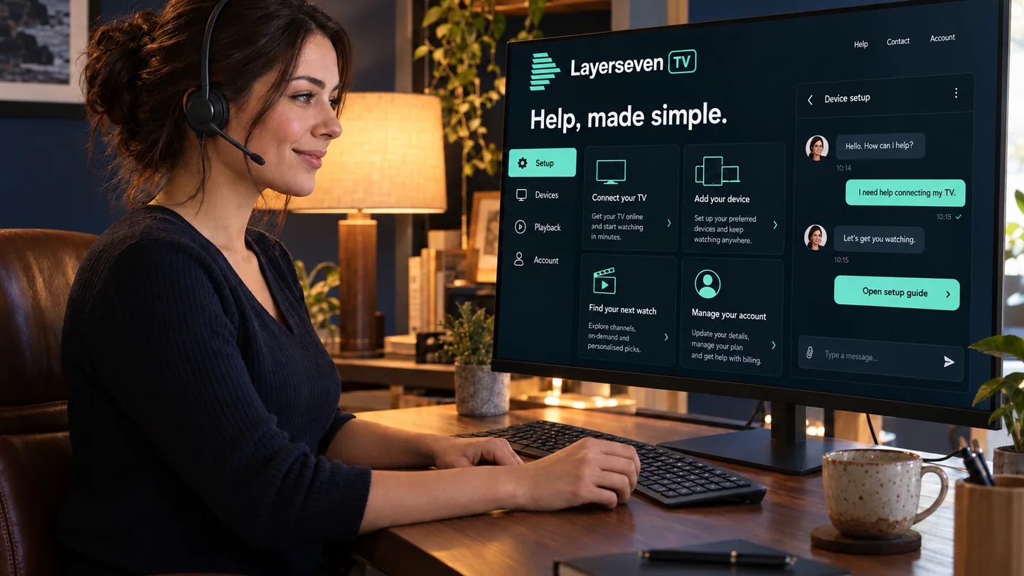 A support specialist beside a screen showing TV setup help.